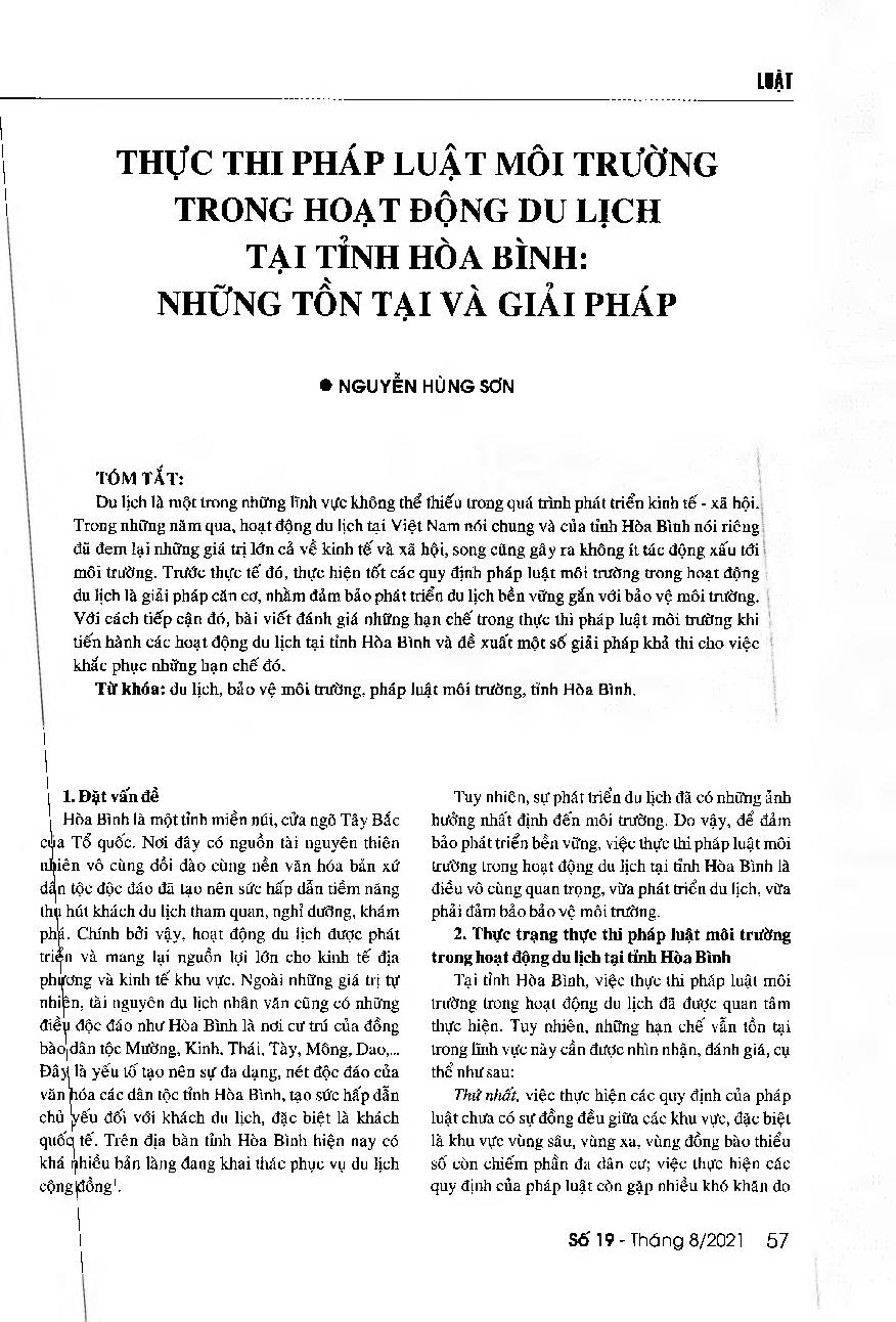 Thực thi pháp luật môi trường trong hoạt động du lịch tại tỉnh Hòa Bình: Những tồn tại và giải pháp = The enforcement of environmental protection provisions in the tourism industry of Hoa Binh Province