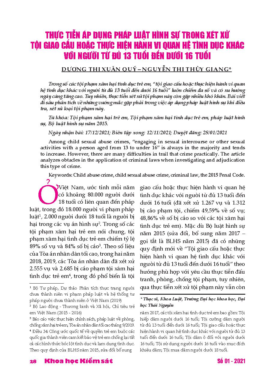 Thực tiễn áp dụng pháp luật hình sự trong xét xử tội giao cấu hoặc thực hiện hành vi quan hệ tình dục khác với người từ đủ 13 tuổi đến dưới 16 tuổi = Practical application of criminal law in adjudication of sexual intercourse or other acts of sexual intercourse with a person from full 13 years old to under 16 years old