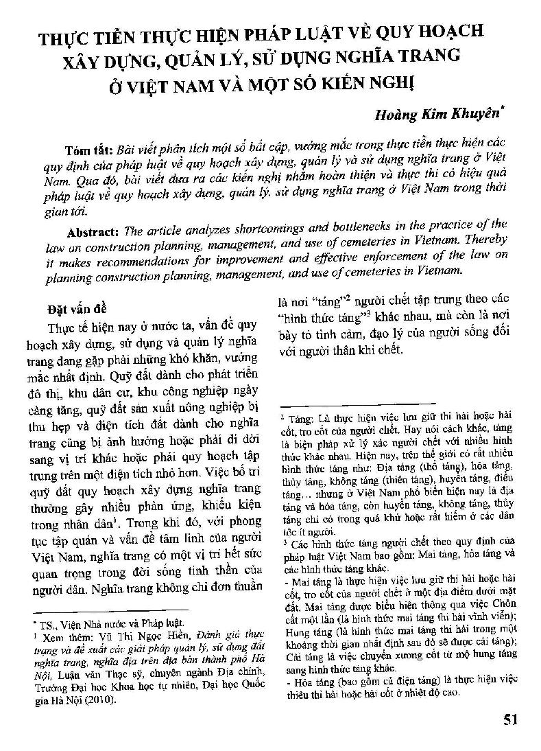 Thực tiễn thực hiện pháp luật về quy hoạch xây dựng, quản lý, sử dụng nghĩa trang ở Việt Nam và một số kiến nghị = Practical implementation of the law on the planning for construction, management and use of cemeteries in Vietnam and a number of recommendations