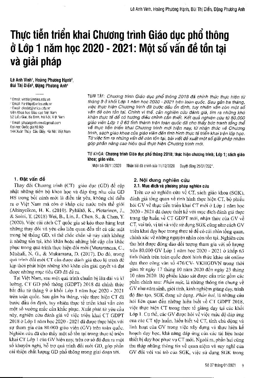 Thực tiễn triển khai Chương trình Giáo dục phổ thông ở Lớp 1 năm học 2020 - 2021: Một số vấn đề tồn tại và giải pháp = Practical implementation of the general education curriculum at grade one in the 2019-2020 school year: some issues and solutions