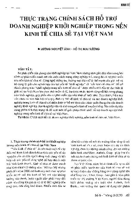 Thực trạng chính sách hỗ trợ doanh nghiệp khởi nghiệp trong nền kinh tế chia sẻ tại Việt Nam = The status of policies on supporting star-ups of Vietnam's sharing economy