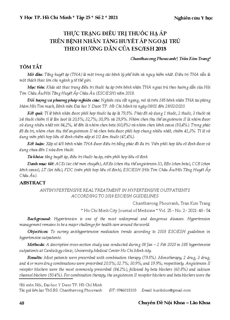 Thực trạng điều trị thuốc hạ áp trên bệnh nhân tăng huyết áp ngoại trú theo hướng dẫn của ESC/ESH 2018 = Antihypertensive real treatment in hypertensive outpatients according to 2018 esc/esh guidelines