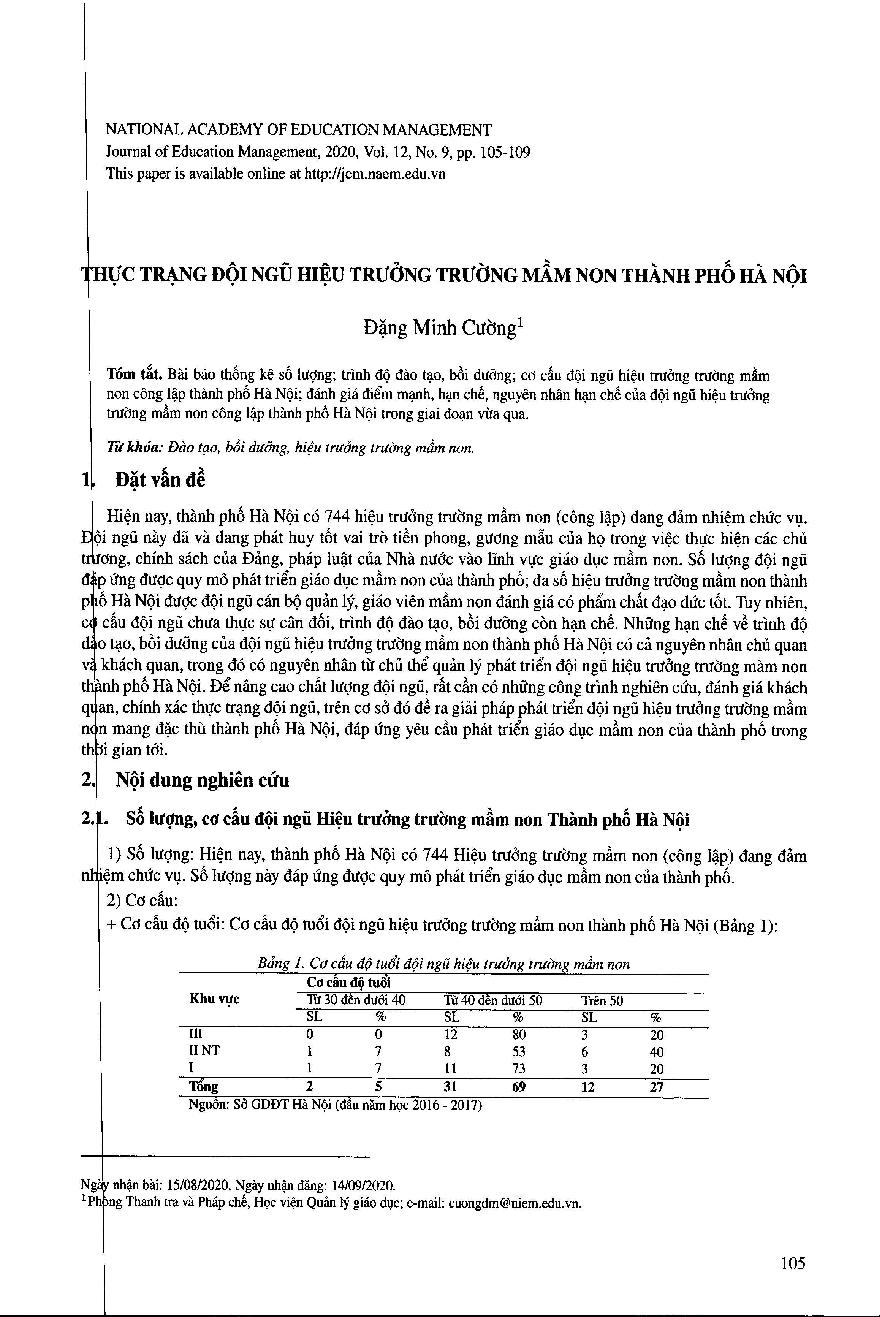 Thực trạng đội ngũ hiệu trưởng trường mầm non Thành phố Hà Nội = The actual situation of preschool principals in Hanoi city