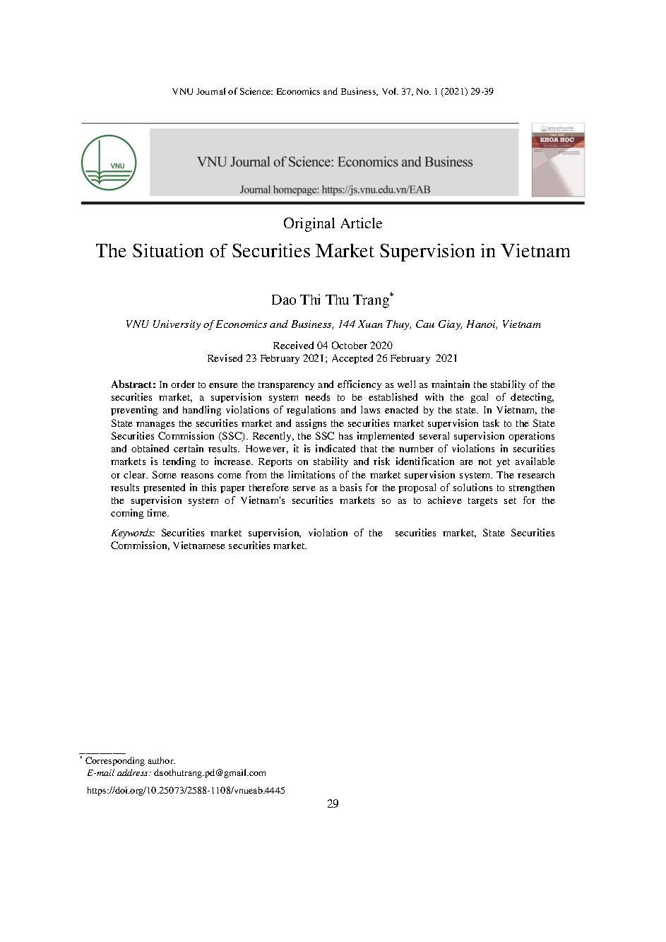 Thực trạng hoạt động giám sát thị trường chứng khoán ở Việt Nam = The situation of securities market supervision in Vietnam