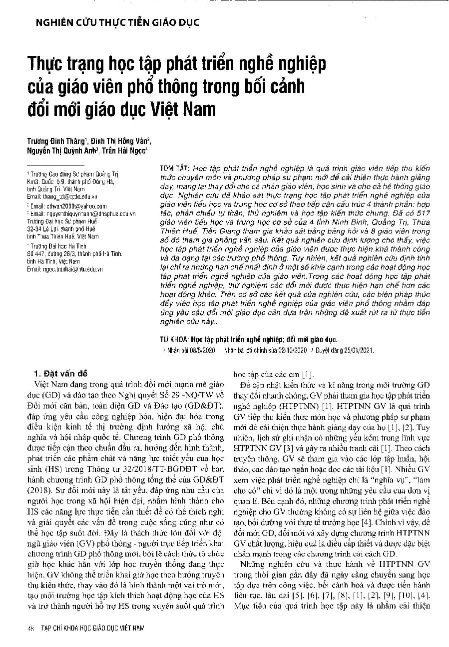 Thực trạng học tập phát triển nghề nghiệp của giáo viên phổ thông trong bối cảnh đổi mới giáo dục Việt Nam = The current status of teacher professional learning and development in the context of educational reform in Vietnam