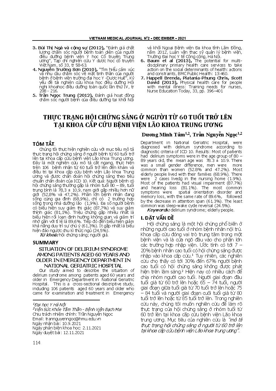 Thực trạng hội chứng sảng ở người từ 60 tuổi trở lên tại Khoa Cấp cứu Bệnh viện Lão khoa Trung ương = Situation of delirium syndrome among patients aged 60 years and older in emergency department in National geriatric hospital