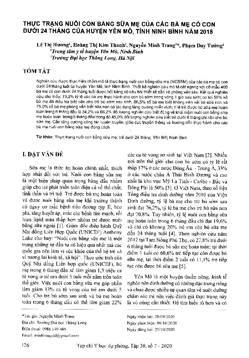Thực trạng nuôi con bằng sữa mẹ của các bà mẹ có con dưới 24 tháng của huyện Yên Mô, tỉnh Ninh Bình năm 2018 = Breastfeeing situation of mothers with children under 24 months old in Yen Mo district, Ninh Binh