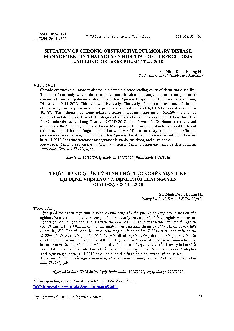 Thực trạng quản lý bệnh phổi tắc nghẽn mạn tính tại bệnh viện Lao và bệnh Phổi Thái Nguyên giai đoạn 2014-2018 = Situation of chronic obstructive pulmonary disease management in Thai Nguyen hospital of tuberculosis and lung diseases phase 2014 - 2018