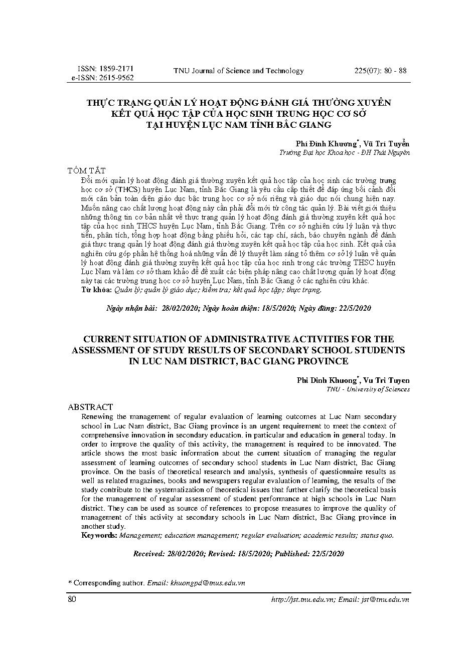 Thực trạng quản lý hoạt động đánh giá thường xuyên kết quả học tập của học sinh trung học cơ sở tại huyện Lục Nam tỉnh Bắc Giang = Current situation of administrative activities for the assessment of study results of secondary school students in Luc Nam district, Bac Giang province