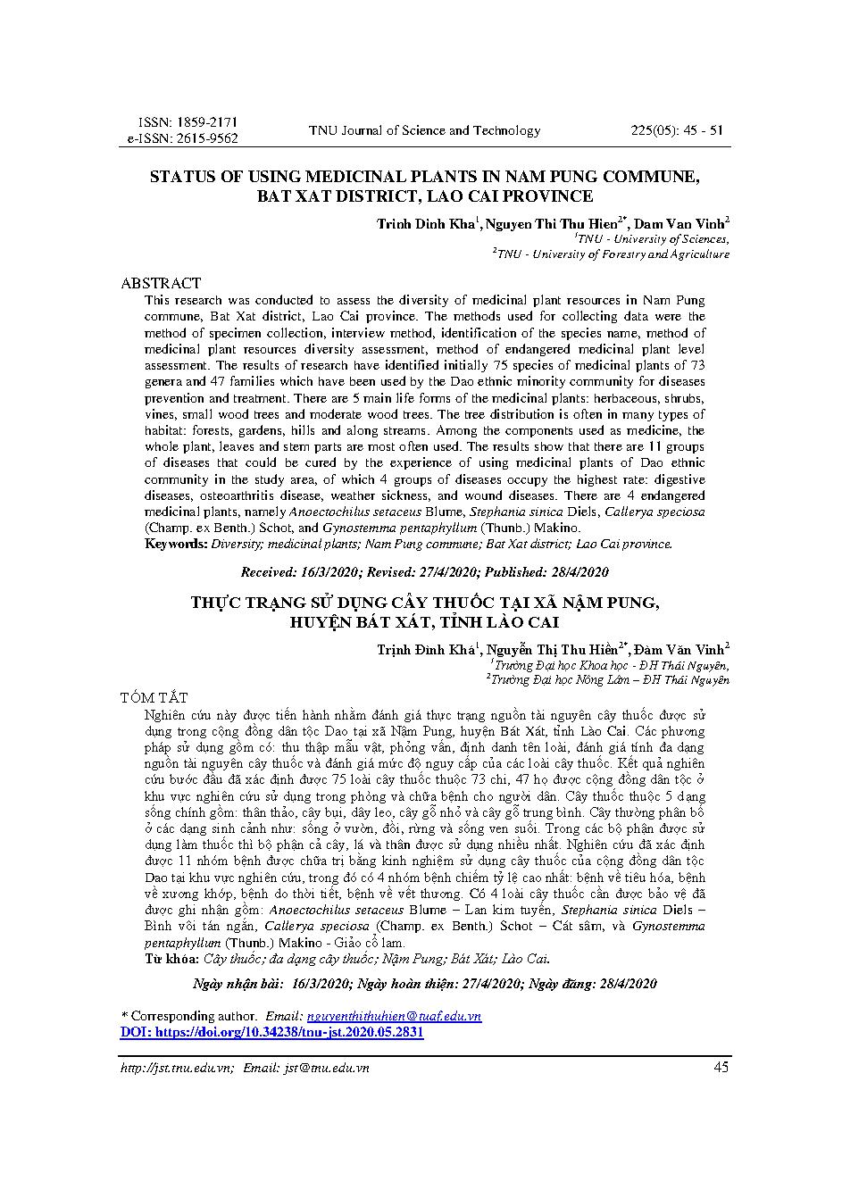 Thực trạng sử dụng cây thuốc tại xã Nậm Pung, huyện Bát Xát, tỉnh Lào Cai = Status of using medicinal plants in Nam Pung commune, Bat Xat district, Lao Cai province