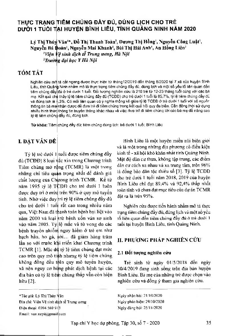 Thực trạng tiêm chủng đầy đủ, đúng lịch cho trẻ dưới 1 tuổi tại huyện Bình Liêu, tỉnh Quảng Ninh năm 2020 = Situation on full immunization coverage and right schedule in children under one year of age at binh lieu district in Quang Ninh in 2020