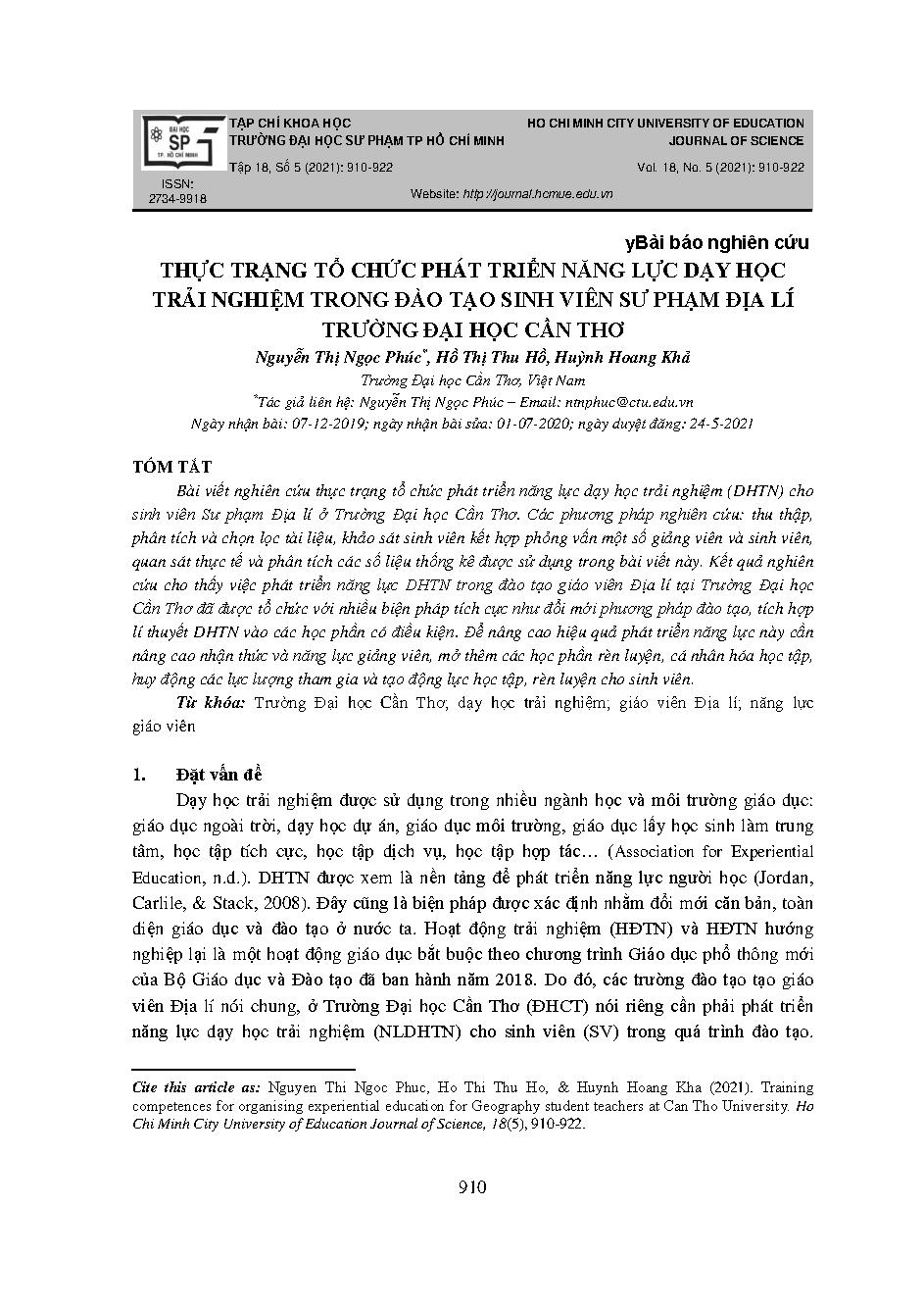 Thực trạng tổ chức phát triển năng lực dạy học trải nghiệm trong đào tạo sinh viên sư phạm địa lí Trường Đại học Cần Thơ = Training competences for organising experiential education for geography student teachers at Can Tho University