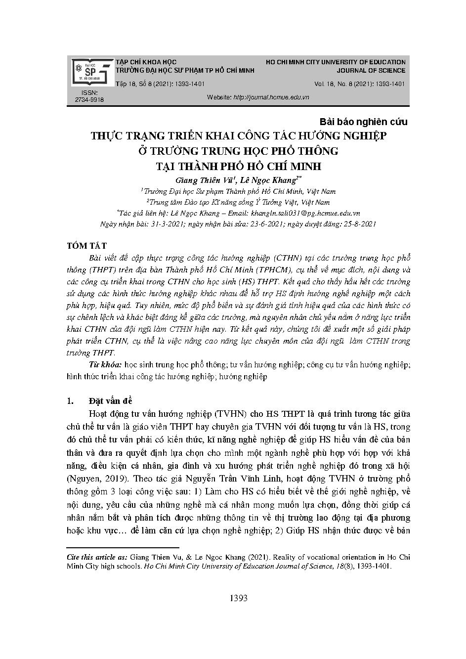 Thực trạng triển khai công tác hướng nghiệp ở trường trung học phổ thông tại thành phố Hồ Chí Minh = Reality of vocational orientation in ho chi minh city high schools