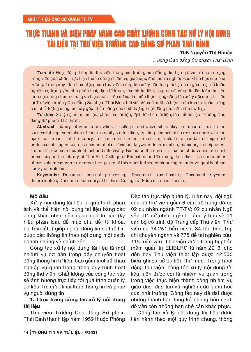 Thực trạng và biện pháp nâng cao chất lượng công tác xử lý nội dung tài liệu thư viện trường cao đẳng sư phạm Thái Bình = Situation and measures to improve the quality of content handling of library materials at Thai Binh Pedagogical College