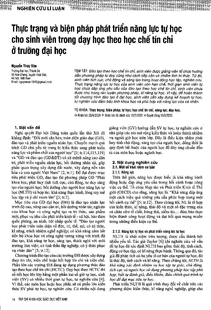 Thực trạng và biện pháp phát triển năng lực tự học cho sinh viên trong dạy học theo học chế tín chỉ ở trường đại học = Current situation and measures to develop self-study Competency for students under the credit system in university