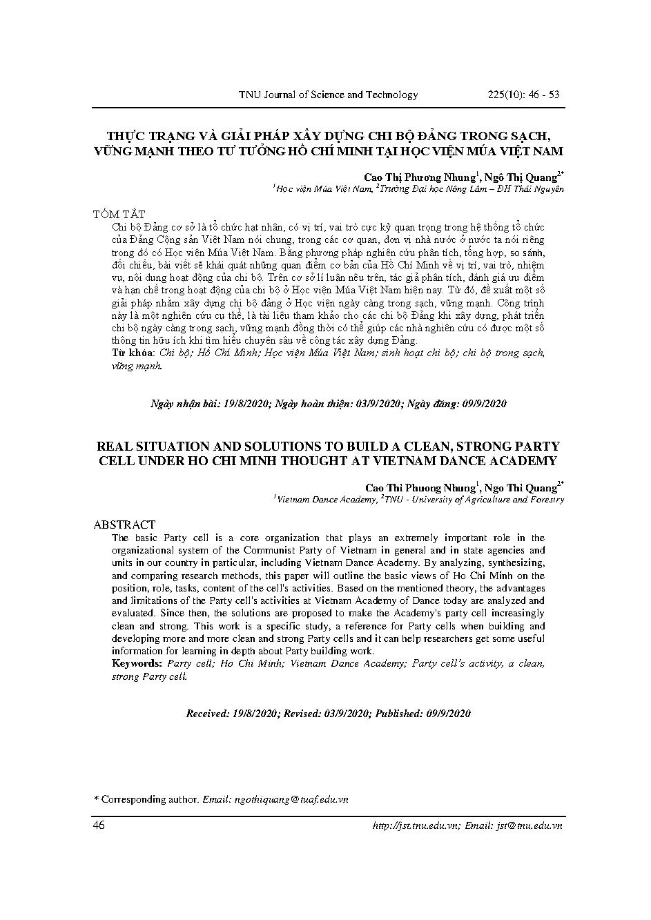 THỰC TRẠNG VÀ GIẢI PHÁP XÂY DỰNG CHI BỘ ĐẢNG TRONG SẠCH, VỮNG MẠNH THEO TƯ TƯỞNG HỒ CHÍ MINH TẠI HỌC VIỆN MÚA VIỆT NAM = REAL SITUATION AND SOLUTIONS TO BUILD A CLEAN, STRONG PARTY CELL UNDER HO CHI MINH THOUGHT AT VIETNAM DANCE ACADEMY