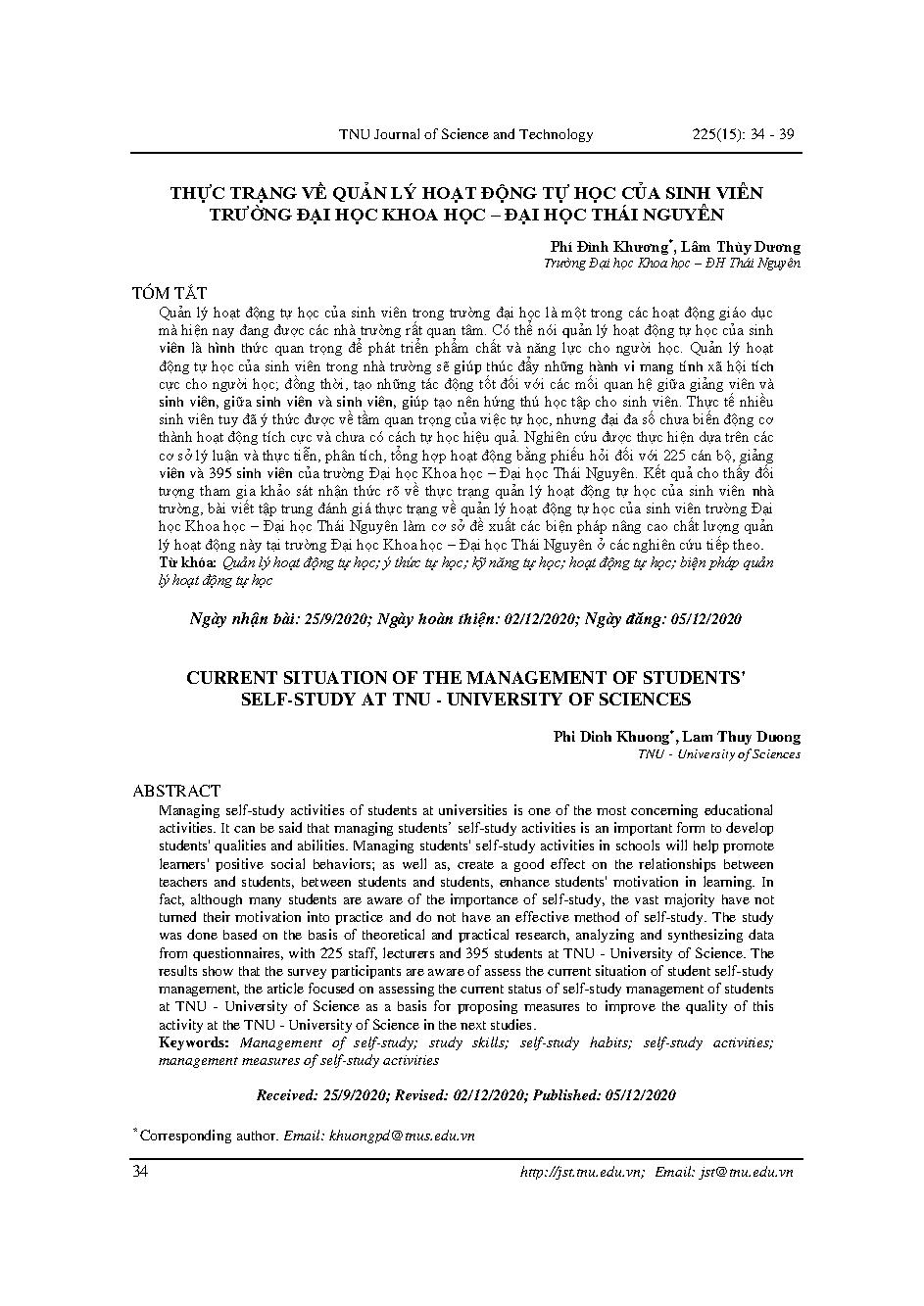 Thực trạng về quản lý hoạt động tự học của sinh viên trường Đại học Khoa học – Đại học Thái Nguyên = Current situation of the management of students' self-study at TNU - University of sciences