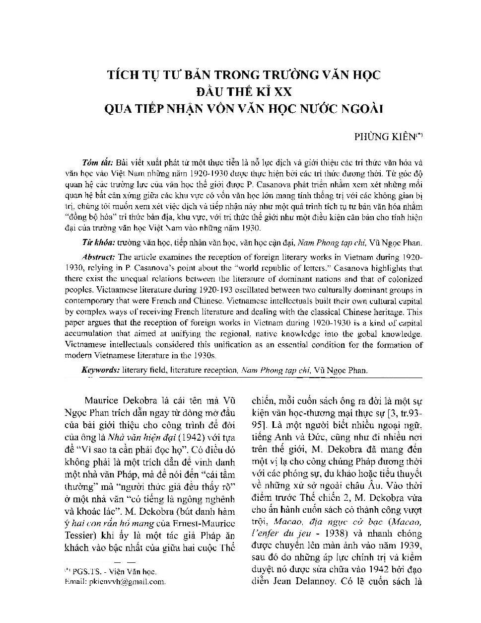 Tích tụ tư bản trong trường văn học đầu thế kỉ XX qua tiếp nhận vốn văn học nước ngoài = Capital accumulation in the literary field of early twentieth century Vietnam: The reception of foreign works
