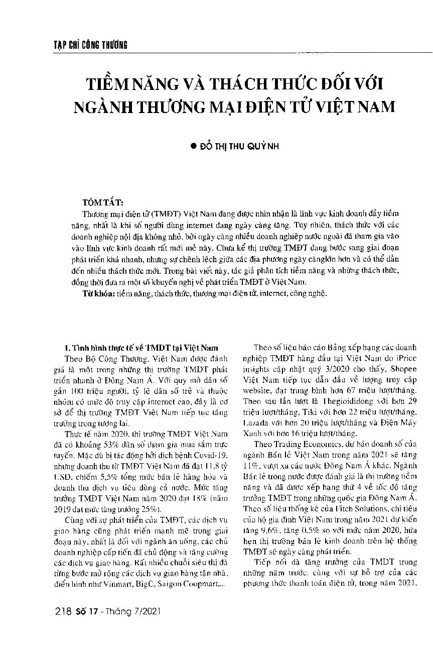 Tiềm năng và thách thức đối với ngành Thương mại điện tử Việt Nam = The potential and challenges of e-commerce development in Vietnam