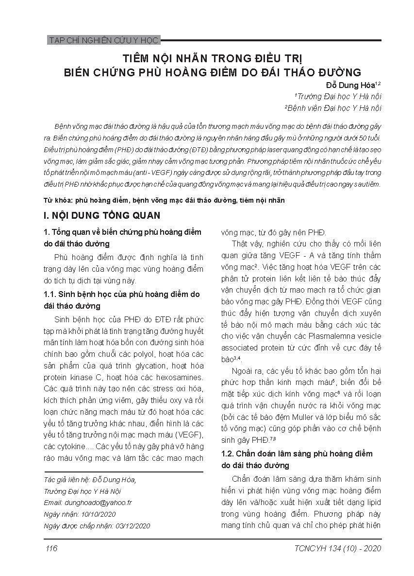 Tiêm nội nhãn trong điều trị biến chứng phù hoàng điểm do đái tháo đường = Intravitreal injection for the management of diabetic macular edema