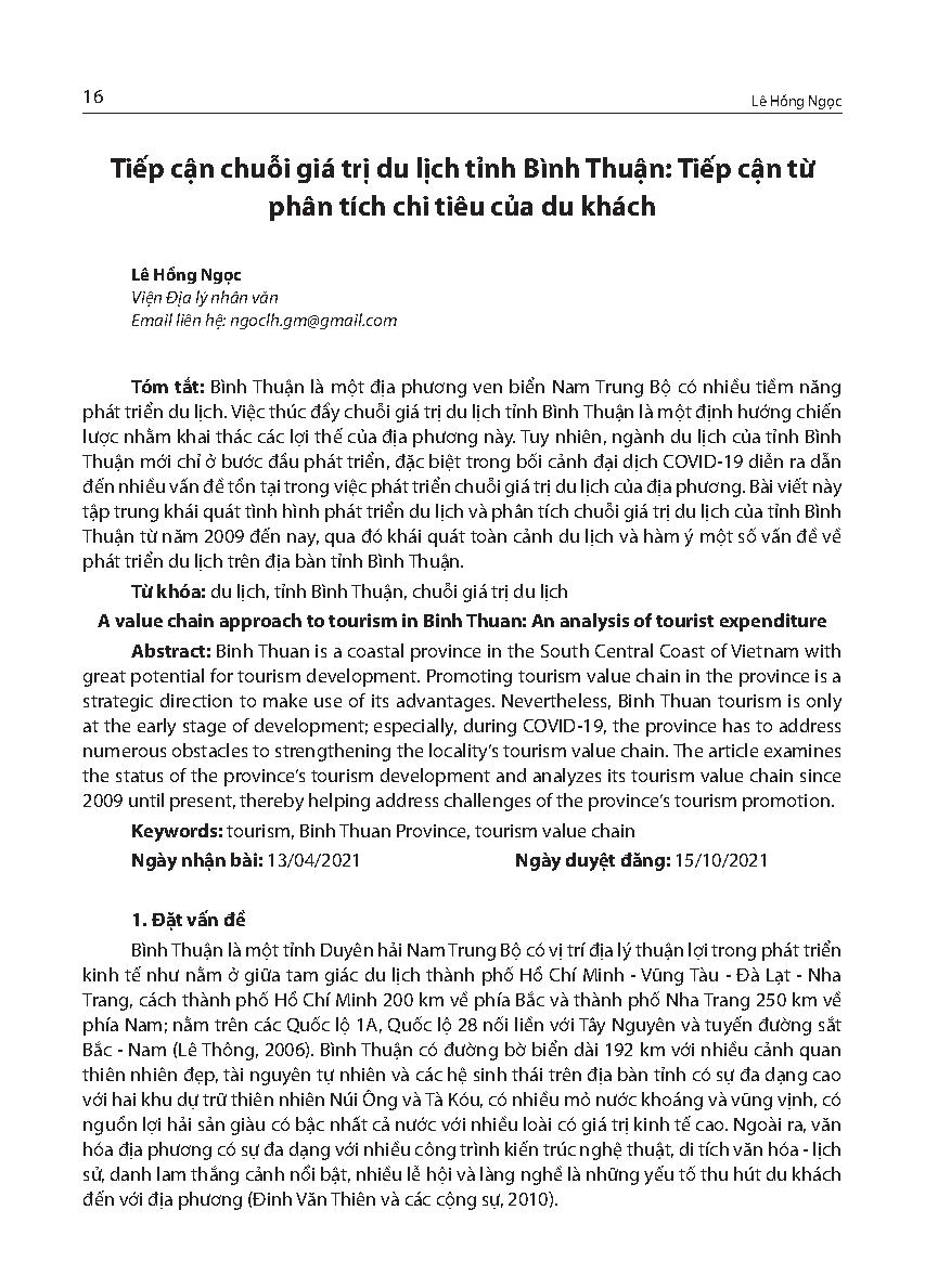 Tiếp cận chuỗi giá trị du lịch tỉnh Bình Thuận: Tiếp cận từ phân tích chi tiêu của du khách = A value chain approach to tourism in Binh Thuan: An analysis of tourist expenditure