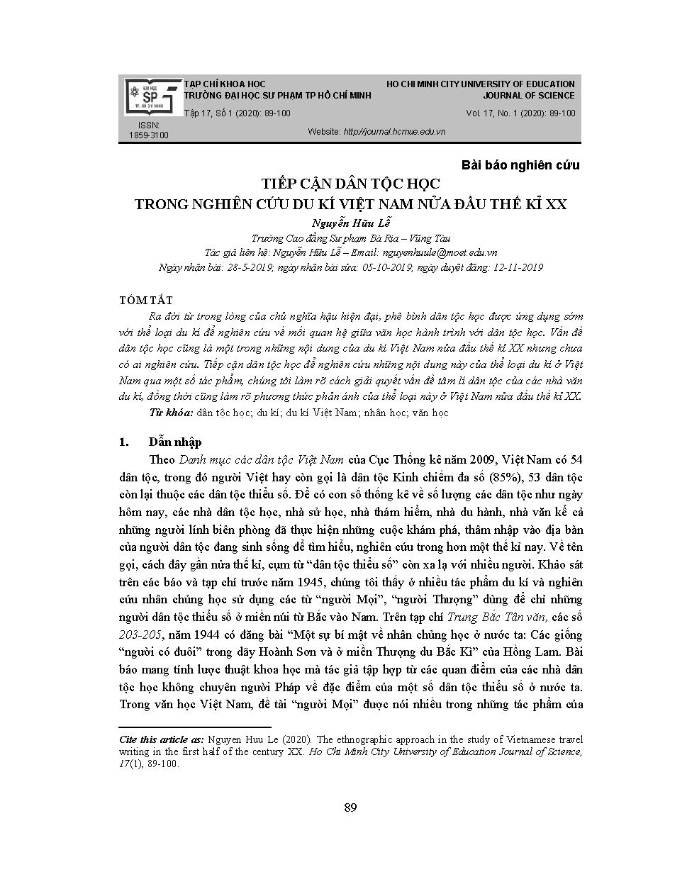 TIẾP CẬN DÂN TỘC HỌC TRONG NGHIÊN CỨU DU KÍ VIỆT NAM NỬA ĐẦU THẾ KỈ XX = THE ETHNOGRAPHIC APPROACH IN THE STUDY OF VIETNAMESE TRAVEL WRITING IN THE FIRST HALF OF THE CENTURY XX