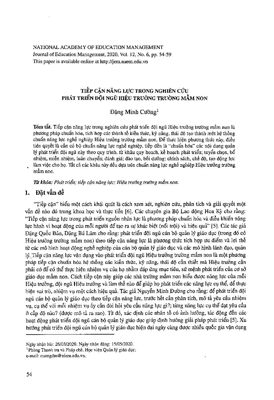 Tiếp cận năng lực trong nghiên cứu phát triển đội ngũ Hiệu trưởng trường mầm non = Capacity approach in the development of preschool principals