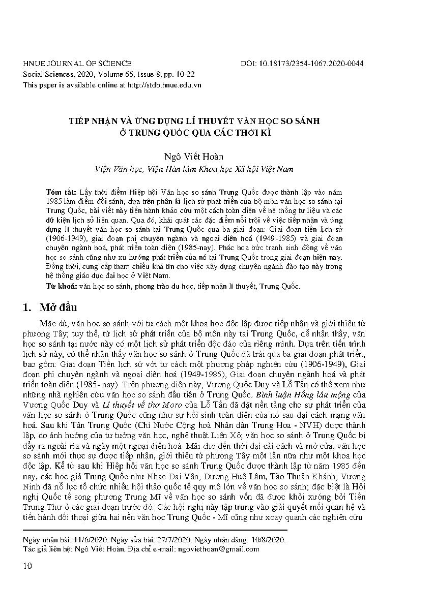 Tiếp nhận và ứng dụng lý thuyết văn học so sánh ở Trung Quốc qua các thời kỳ = The acceptance and application of the discipline theory of comparative literature in China