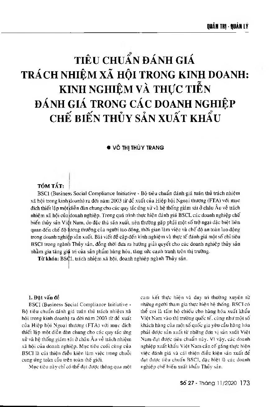 Tiêu chuẩn đánh giá trách nhiệm xã hội trong kinh doanh: Kinh nghiệm và thực tiễn đánh giá trong các doanh nghiệp chế biến thủy sản xuất khẩu = Business Social Compliance Initiative: Experience and practical assessment in seafood processing enterprises for exporting