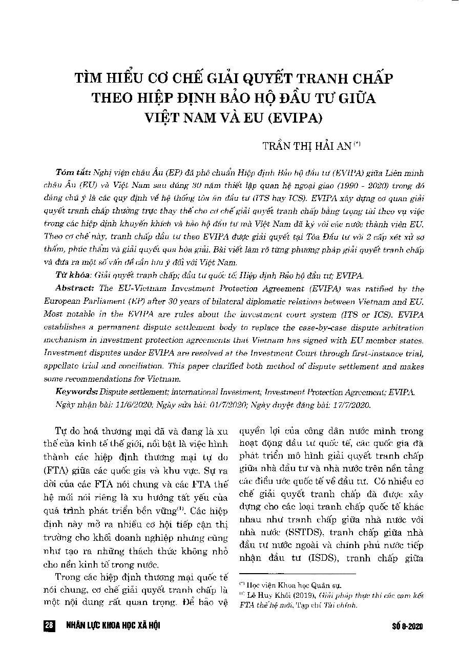 Tìm hiểu cơ chế giải quyết tranh chấp theo hiệp định bảo hộ đầu tư giữa Việt Nam và EU (EVIPA) = Dispute settlement according to EU-Vietnam Investment Protection Agreement (EVIPA)