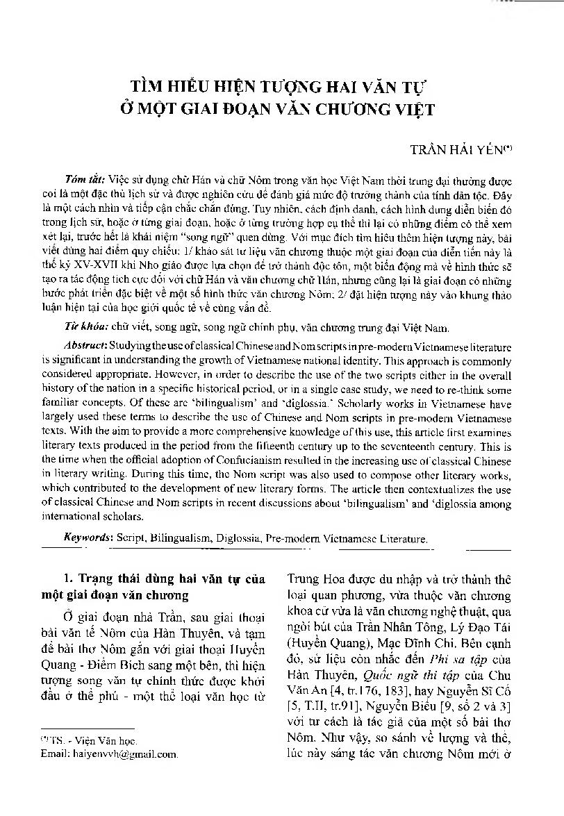 Tìm hiểu hiện tượng hai văn tự ở một giai đoạn văn chương Việt = Understanding the use of two scripts in Early pre-modem Vietnamese literature