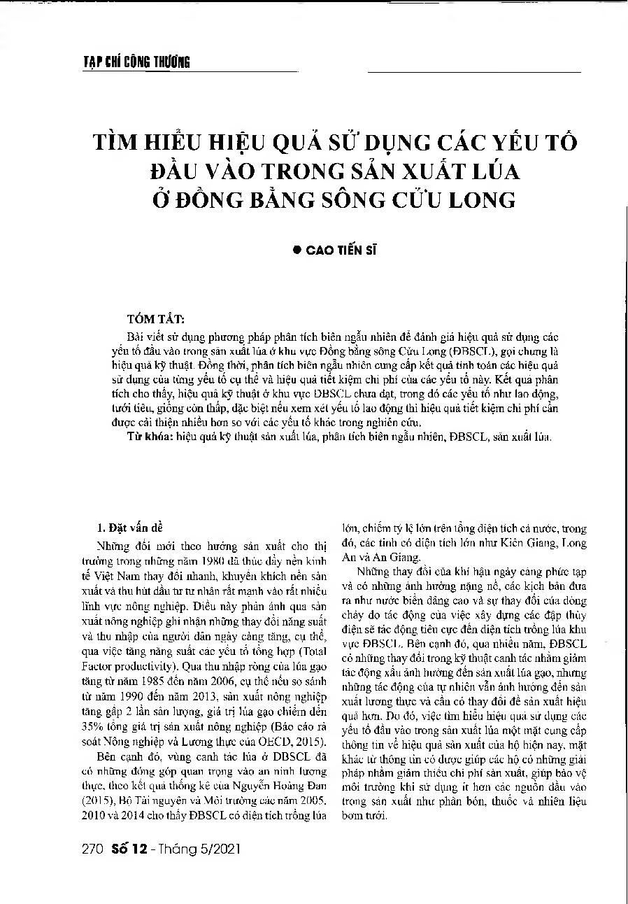 Tìm hiểu hiệu quả sử dụng các yếu tố đầu vào trong sản xuất lúa ở đồng bằng sông Cửu Long = A study on rice production technical efficiency in the Mekong Delta