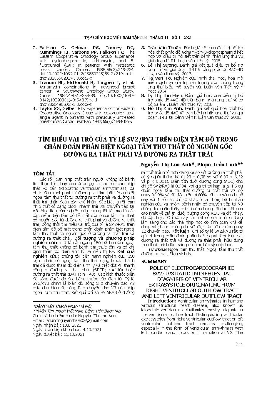 Tìm hiểu vai trò của tỷ lệ SV2/RV3 trên điện tâm đồ trong chẩn đoán phân biệt ngoại tâm thu thất có nguồn gốc đường ra thất phải và đường ra thất trái = Role of electrocardiographic SV2/RV3 ratio in differential diagnosis of ventricular extrasystole originating from right ventricular outflow tract and left ventricular outflow tract