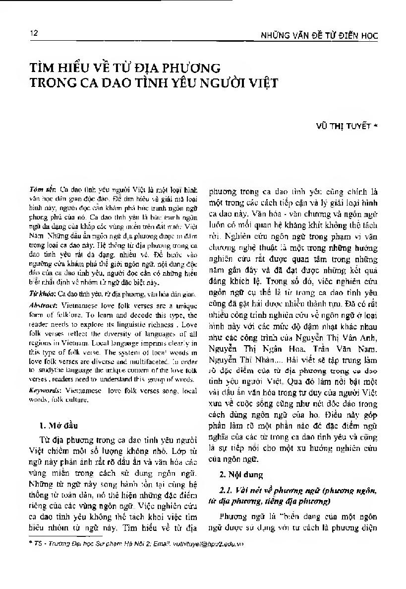 Tìm hiểu về từ địa phương trong ca dao tình yêu người Việt = Studying local words in Vietnamese love folk verses
