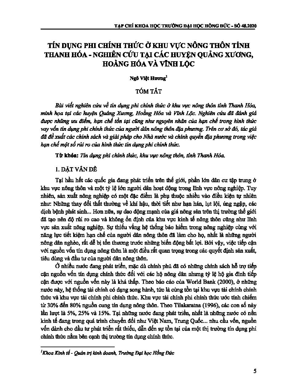 TÍN DỤNG PHI CHÍNH THỨC Ở KHU VỰC NÔNG THÔN TỈNH THANH HÓA - NGHIÊN CỨU TẠI CÁC HUYỆN QUẢNG XƯƠNG, HOẰNG HÓA VÀ VĨNH LỘC = THE CURRENT SITUATION OF INFORMAL CREDIT IN RURAL AREAS OF THANH HOA PROVINCE - A CASE STUDY IN QUANG XUONG, HOANG HOA AND VINH LOC DISTRICTS