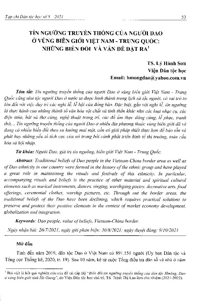 Tín ngưỡng truyền thống của người Dao ở vùng biên giới Việt Nam - Trung Quốc: những biến đổi và vấn đề đặt ra = Traditional beliefs of the Dao people in the Vietnam - China border: changes and problems