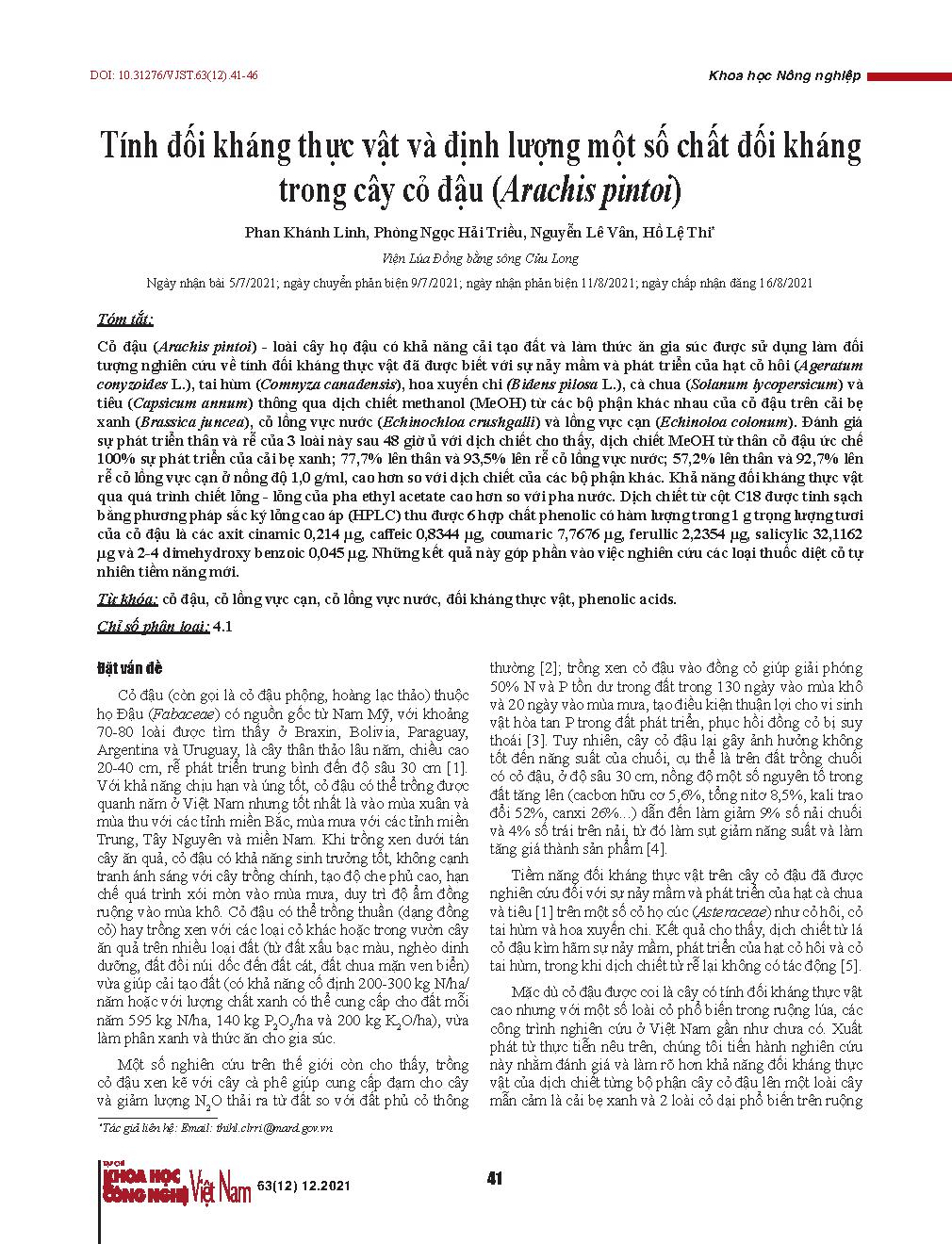 Tính đối kháng thực vật và định lượng một số chất đối kháng trong cây cỏ đậu (Arachis pintoi) = Allelopathy and allelochemical quantitative analysis in Pinto peanut (Arachis pintoi)