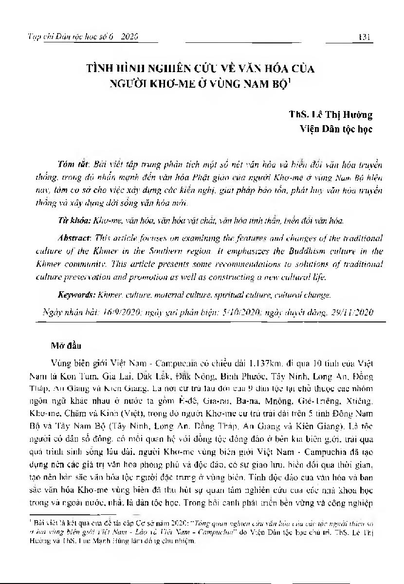 Tình hình nghiên cứu về văn hóa của người Khơ-me ở vùng Nam Bộ = The studies on the Khmer culture in the Southern