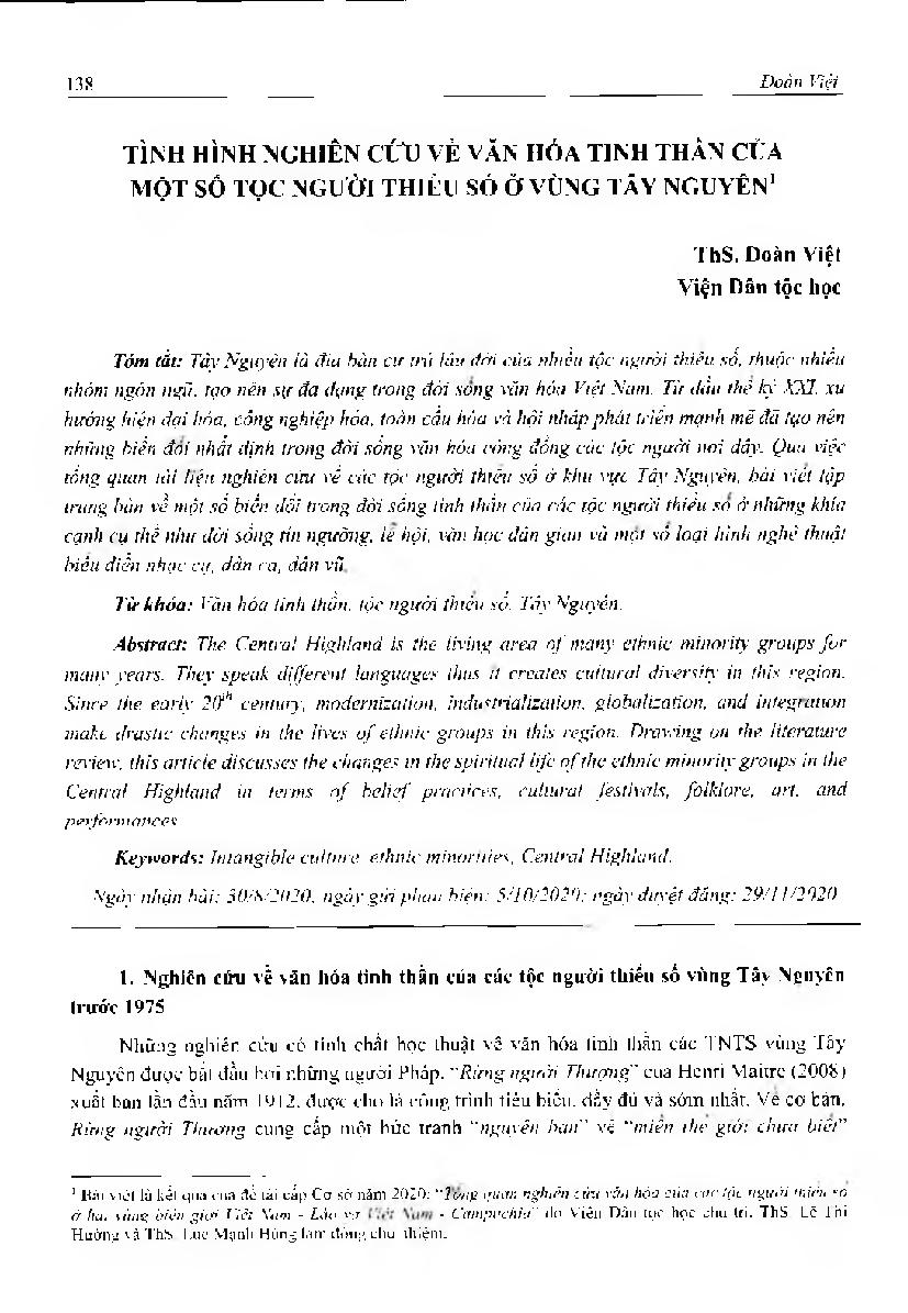 Tình hình nghiên cứu về văn hóa tinh thần của một số tộc người thiểu số ở vùng Tây Nguyên = The studies on the intangible culture of some ethnic minority groups living in the Central Highland region