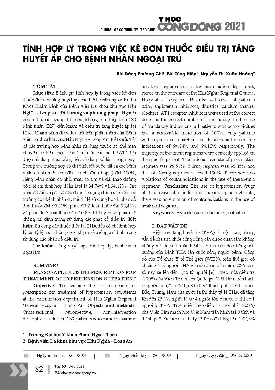 Tính hợp lý trong việc kê đơn thuốc điều trị tăng huyết áp cho bệnh nhân ngoại trú = Reasonableness in prescription for treatment of hypertension outpatient