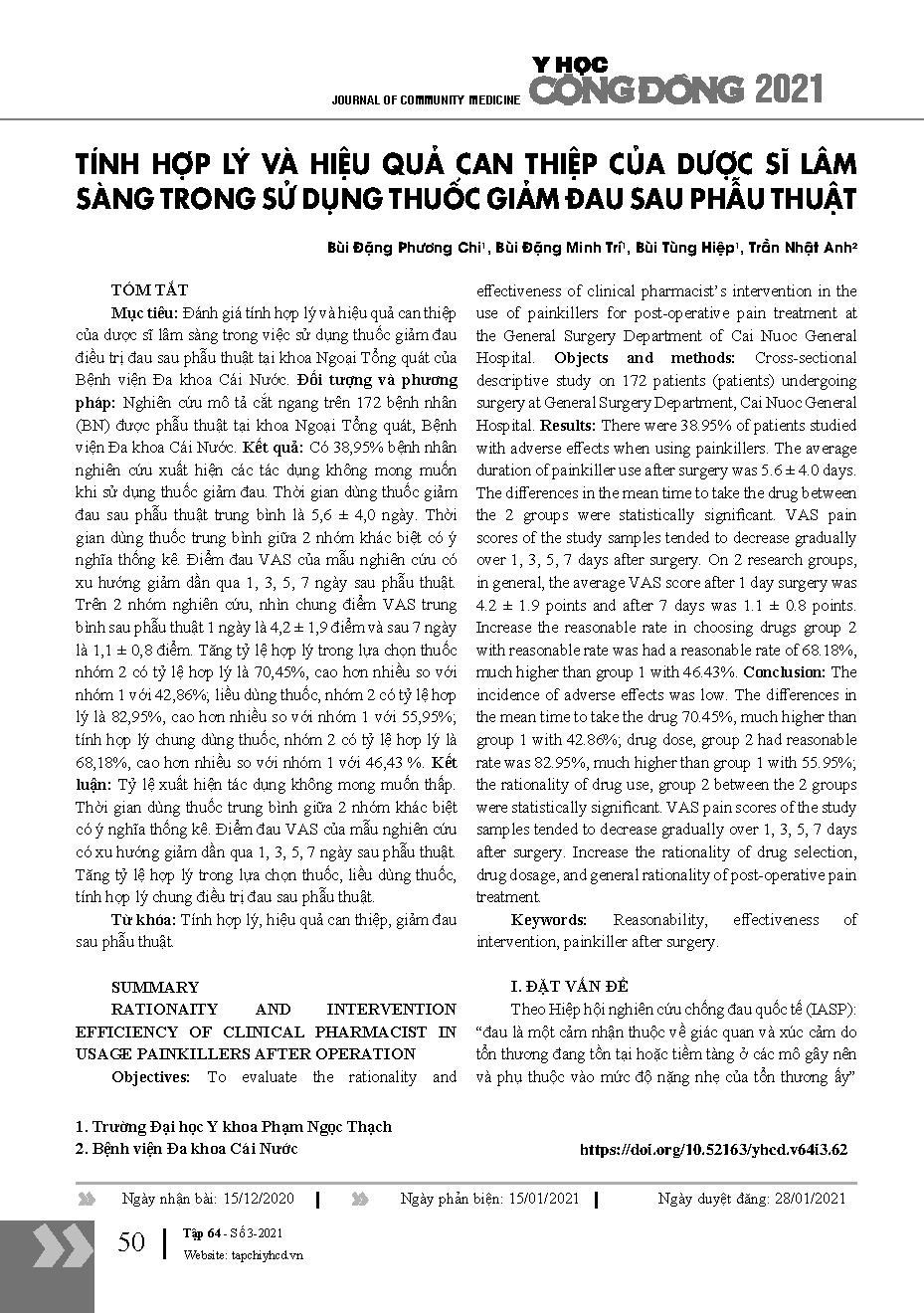Tính hợp lý và hiệu quả can thiệp của dược sĩ lâm sàng trong sử dụng thuốc giảm đau sau phẫu thuật = Rationaity and intervention efficiency of clinical pharmacist in usage painkillers after operation