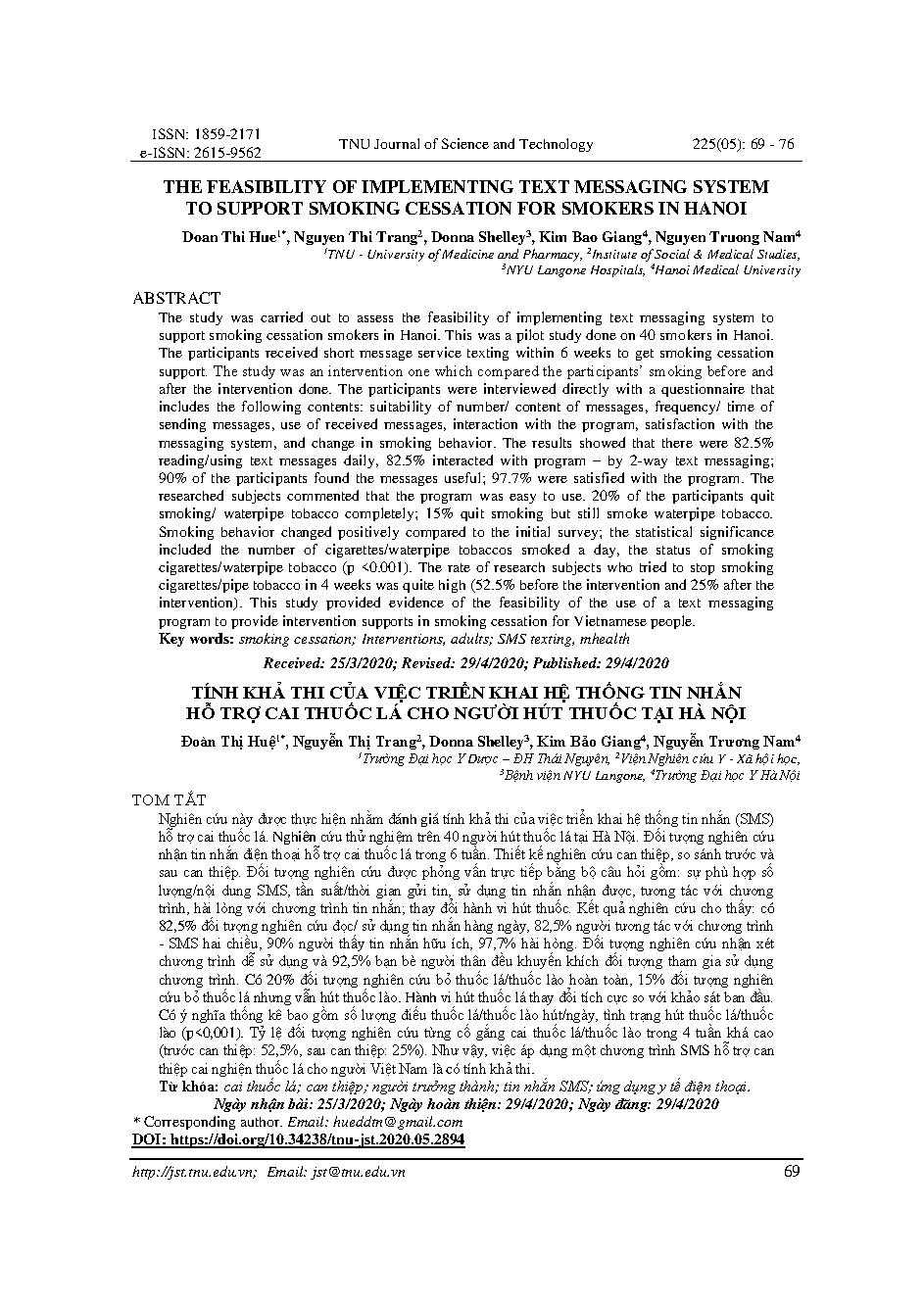 Tính khả thi của việc triển khai hệ thống tin nhắn hỗ trợ cai thuốc lá cho người hút thuốc tại Hà Nội = The feasibility of implementing text messaging system to support smoking cessation for smokers in Hanoi
