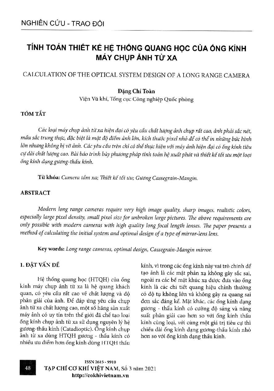 Tính toán thiết kế hệ thống quang học của ống kính máy chụp ảnh từ xa = Calculation of the optical system design of a long range camera