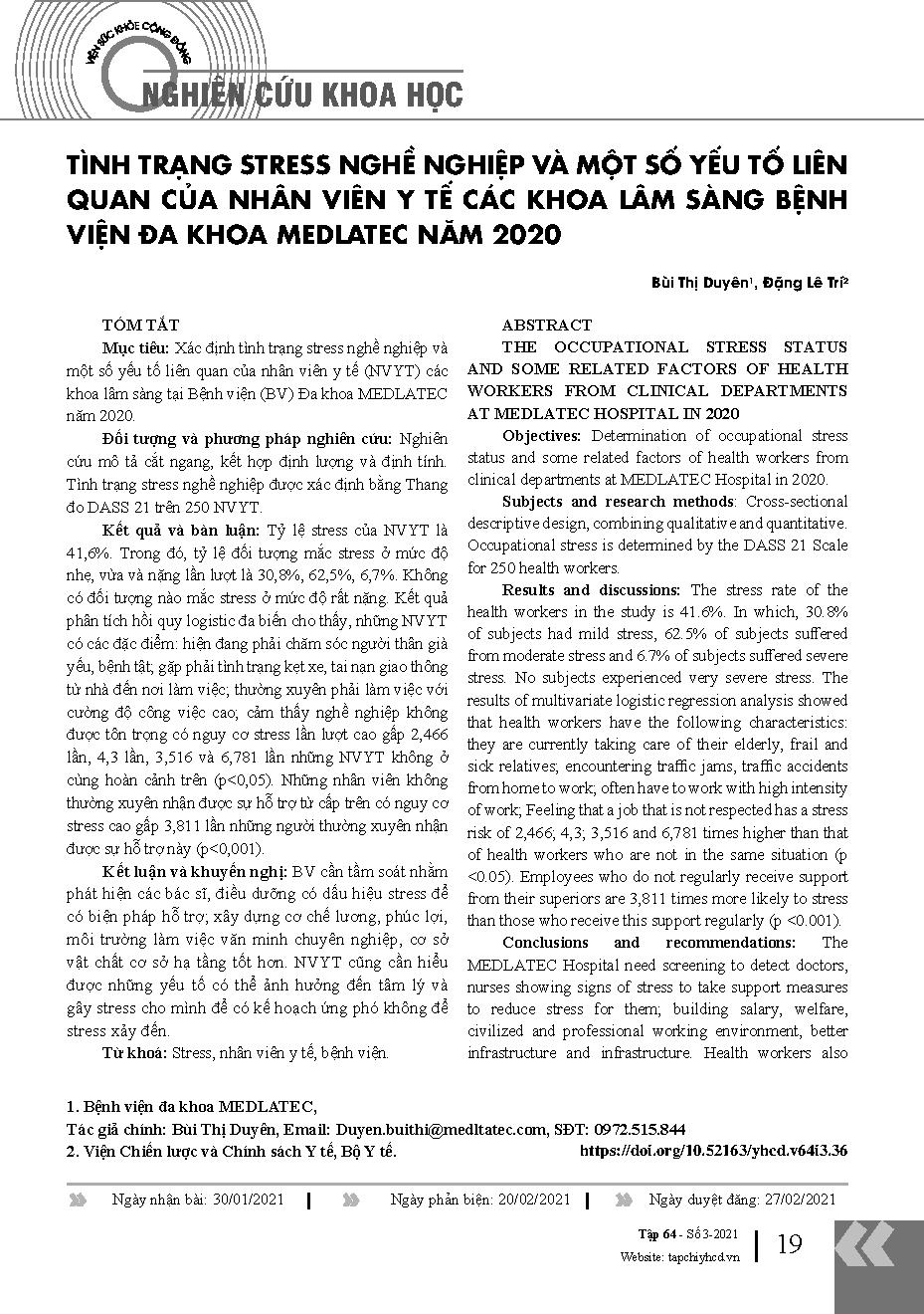 Tình trạng stress nghề nghiệp và một số yếu tố liên quan của nhân viên y tế các khoa lâm sàng bệnh viện đa khoa Medlatec năm 2020 = The occupational stress status and some related factors of health workers from clinical departments at Medlatec hospital in 2020