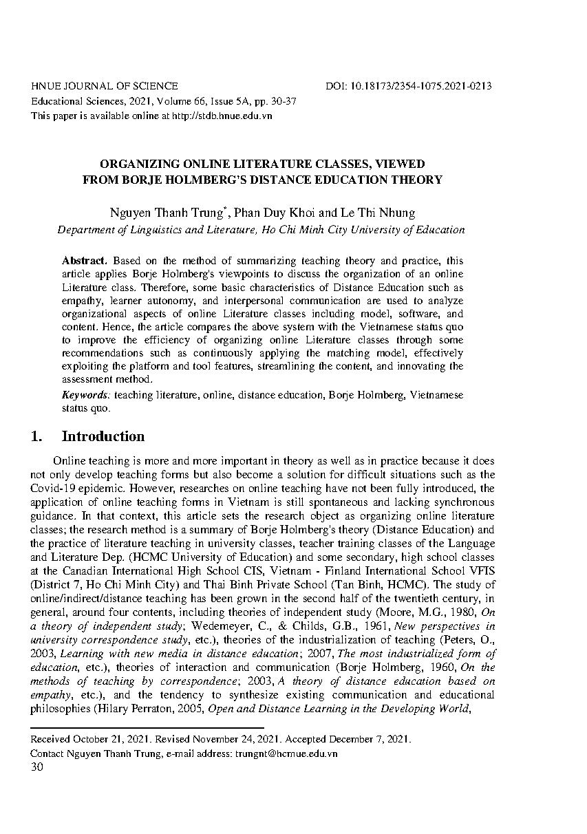 Tổ chức các lớp học văn học trực tuyến, xem từ lý thuyết giáo dục từ xa của borje holmberg = Organizing online literature classes, viewed from borje holmberg's distance education theory