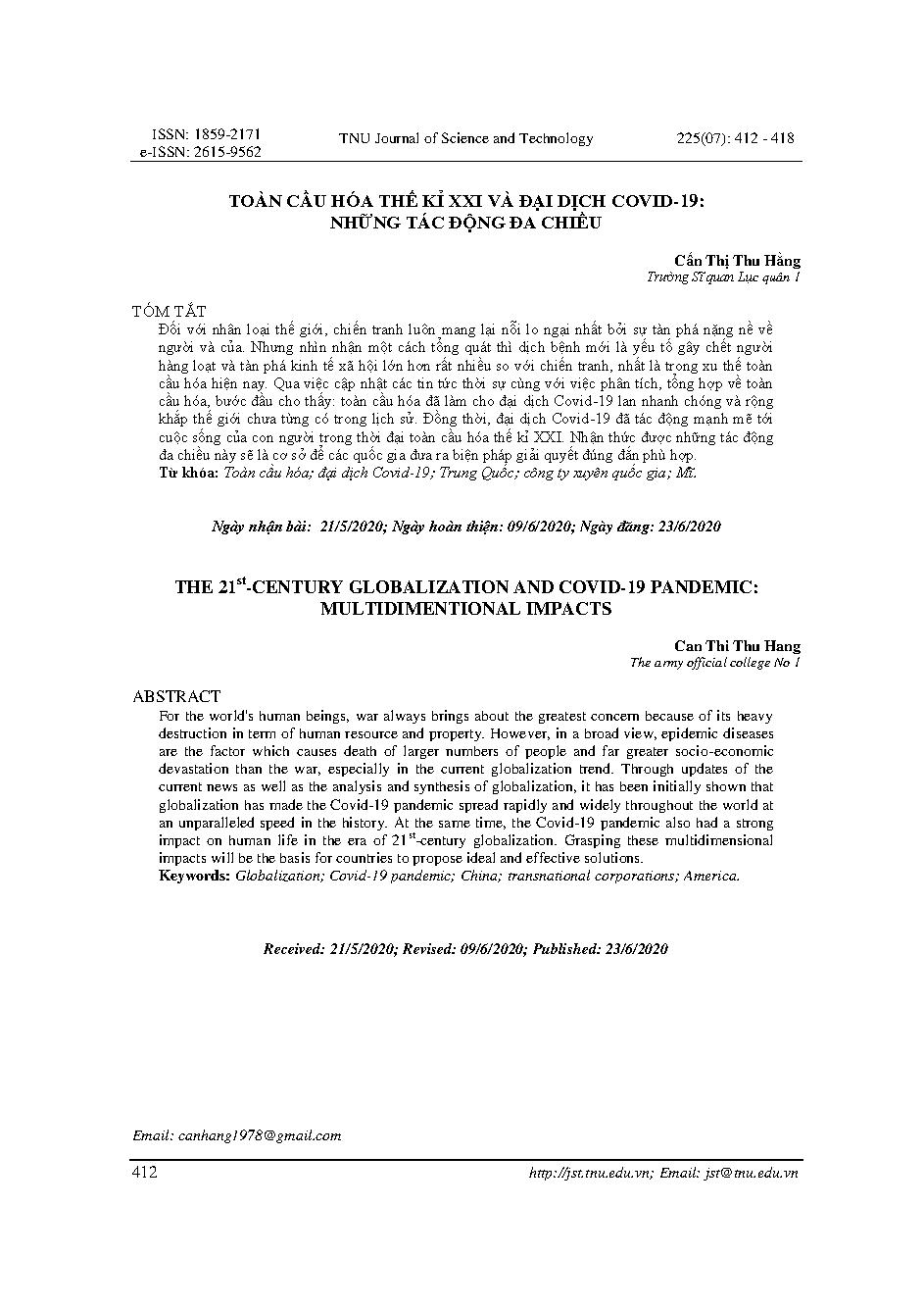 Toàn cầu hóa thế kỷ XXI và đại dịch Covid-19: Những tác động đa chiều = The 21st-century globalization and Covid-19 pandemic: Multidimentional impacts
