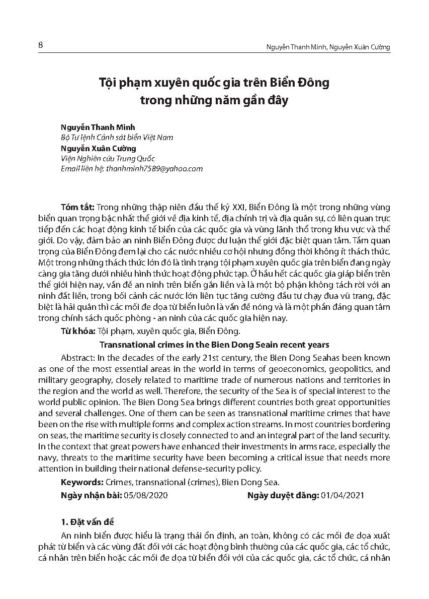 Tội phạm xuyên quốc gia trên Biển Đông trong những năm gần đây = Transnational crimes in the Bien Dong in recent years