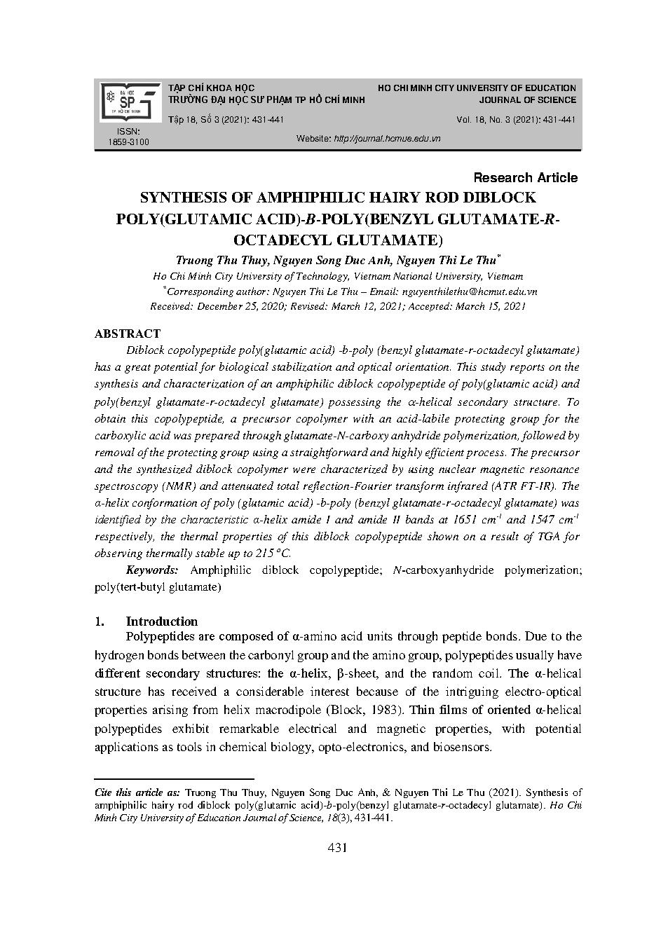 Tổng hợp amphiphilic diblock poly(glutamic acid)-b- poly(benzyl glutamate-r-octadecyl glutamate) = Synthesis of amphiphilic hairy rod diblock poly(glutamic acid)-b-poly(benzyl glutamate-r-octadecyl glutamate)