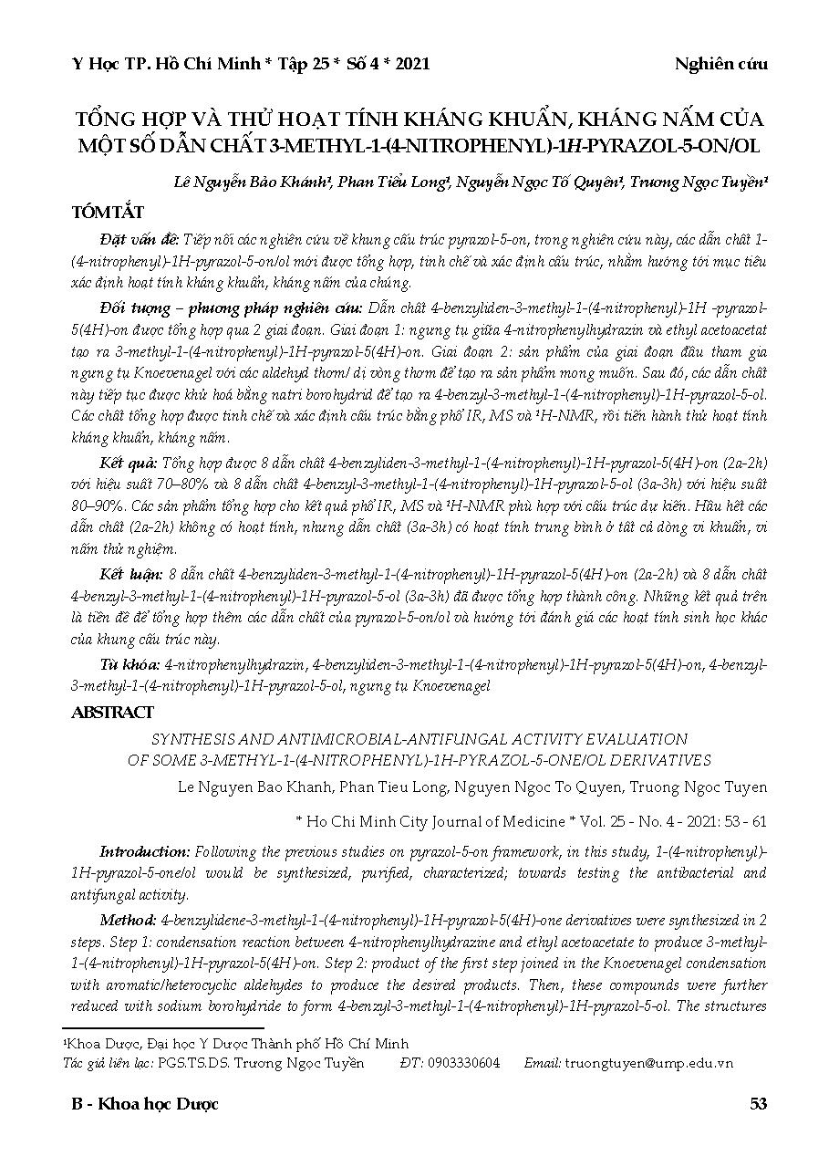 Tổng hợp và thử hoạt tính kháng khuẩn, kháng nấm của một số dẫn chất 3-methyl-1-(4-nitrophenyl)-1h-pyrazol-5-on/ol = Synthesis and antimicrobial-antifungal activity evaluation of some 3-methyl-1-(4-nitrophenyl)-1h-pyrazol-5-one/ol derivatives