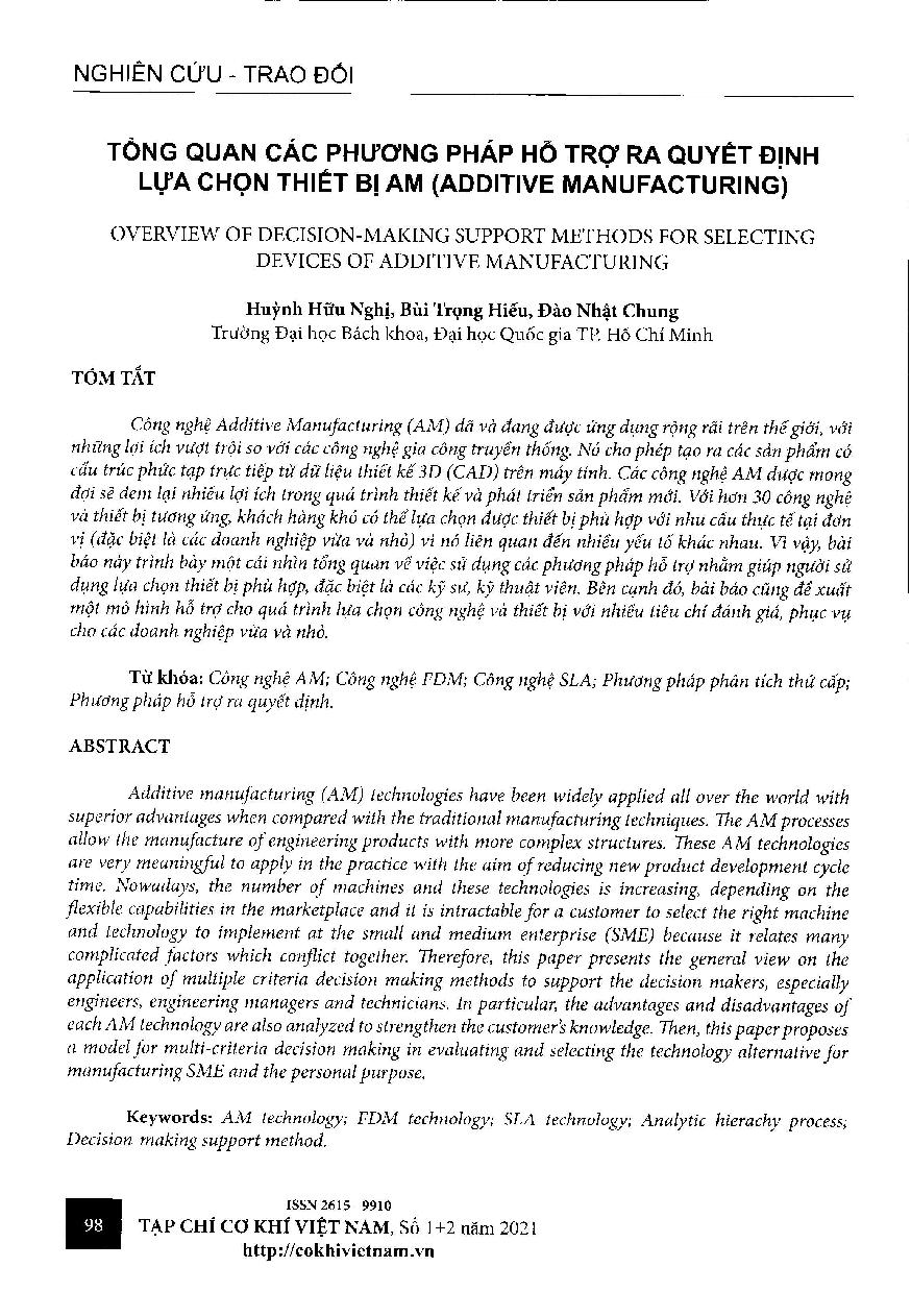 Tổng quan các phương pháp hỗ trợ ra quyết định lựa chọn thiết bị am (additive manufacturing) = Overview of decision-making support methods for selecting devices of additive manufacturing